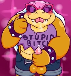 2020 anthro balls blush bodily_fluids bottomwear bracelet clothing erection eyewear genital_fluids genitals hi_res jewelry koopa koopaling male male_only mario_(series) masturbation midriff_baring_shirt nintendo penile penile_masturbation penis precum roy_koopa scalie shell shorts sinribbons solo spiked_bracelet spikes sunglasses torn_clothing video_games