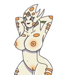 1girls arms_behind_head bending_over breasts female gold_experience_requiem humanoid jojo's_bizarre_adventure looking_at_viewer orange_nipples orange_pussy pussy repost rule_63 shounen_jump smile thick_thighs vento_aureo