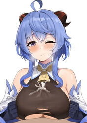 1boy ahoge ayul_(ayulneri_92) bangs bare_shoulders bell black_gloves blue_hair blush breast_squeeze breasts brown_bodysuit cum cum_on_body cum_on_breasts cum_through_clothes detached_sleeves elbow_gloves female ganyu_(genshin_impact) genshin_impact gloves highres horns large_breasts long_hair looking_at_viewer paizuri paizuri_under_clothes penis purple_eyes straight