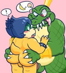 2019 anthro ass ass_grab backsack balls belly blue_hair blush bodily_fluids butt_grab crossover crown donkey_kong_(series) drooling duo emoji erection gay genitals hair hand_on_butt imminent_sex k_rool king koopa koopaling ludwig_von_koopa male male/male male_only mario_(series) nintendo penis royalty saliva scalie sinribbons slightly_chubby tongue video_games