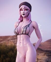 1girls 3d absurd_res big_breasts black_lips black_lipstick blender bra breasts dusk_(fortnite) female female_focus female_only fortnite grey_skin hands_behind_back hat lewdrex looking_to_the_side midnight_dusk_(fortnite) nude nude_female oiled pose posing presenting purple_hair pussy red_eyes tagme vagina watermark