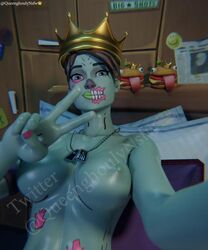 1girls 3d bed bedroom big_breasts blender breasts crown female female_only fortnite ghoul_trooper green_skin holding_phone nipples nude nude_female peace_sign queenghoulynsfw selfie tagme watermark