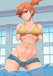 1girls asymmetrical_hair blue_eyes blue_shorts blush breasts clothes_pull cutoffs daisy_dukes denim denim_shorts female female_focus female_only female_solo game_freak highres kasumi_(pokemon) large_filesize looking_at_viewer lowrise_jeans medium_breasts micro_shorts microshorts navel nintendo nopan open_fly orange_hair pokemon pokemon_(anime) pokemon_(classic_anime) pokemon_(game) pokemon_rgby ponytail pool shirt shirt_lift short_shorts shorts side_ponytail sleeveless sleeveless_shirt solo solo_female teasing teasing_viewer tied_hair underboob unzipped wet yellow_shirt zelc-face