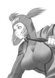 1girls big_breasts bodysuit breasts cleavage female female_only fingerless_gloves forehead_protector gloves grin helmet holding_object holding_weapon huge_breasts kakuyoku_fubuki kunai long_hair monochrome naruto naruto_(classic) naruto_(series) nipples smile twintails visible_nipples zanzagen