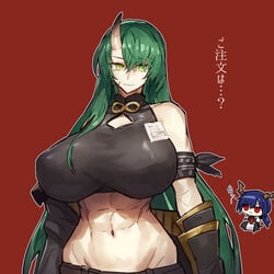 abs arknights big_breasts ch'en_(arknights) curvy demon_girl detached_sleeves green_eyes green_hair horn hoshiguma_(arknights) huge_breasts long_hair looking_at_viewer melon22 muscular muscular_female oni_horns pale-skinned_female pale_skin tank_top wide_hips