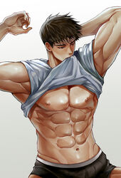 1boy abs bara boxer_briefs boxers brown_hair male_only mole mole_on_nose mole_on_stomach mole_under_eye muscular muscular_male original pecs shirt_in_mouth shirt_lift solo_male underwear underwear_only undressing