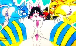 animal_crossing anthro breasts canid canine clothed clothing crossover felid feline female fur genitals hair isabelle_(animal_crossing) krystal malice mammal nintendo star_fox tem temmie_(undertale) theloanwanderer216 undertale video_games white_body white_fur