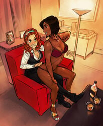 2girls arm_grab ass_grab bikini bikini_bottom bikini_top biting_lip black_hair blouse blush bob_cut borrowed_character bra breasts canon_couple chocolate_and_vanilla choker cleavage clothed clothed_female clothing couch couple curly_hair curvy curvy_female curvy_figure dark-skinned_female dark_skin earrings eye_contact eyelashes eyeliner female female_focus female_only from_behind from_behind_position hairband hand_holding heather_(krekka) heels hi_res high_heels holding_hands hourglass_figure human_only lace lace-trimmed_bra lap_dance lapdance lesbian lingerie lipstick long_hair makeup medium_breasts medium_hair michelle_(krekka) mostly_nude nail_polish naughty_face necklace on_couch orange_hair panties photo psudonym purple_lingerie red_hair redhead scotch_whiskey seductive seductive_look seductive_smile shirt sitting skirt smile spread_legs standing suit thong thong_pull underwear_only whiskey whiskey_bottle yuri