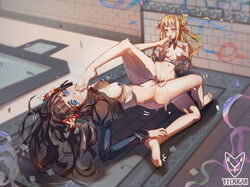 2girls barefoot black_hair blonde_hair blue_eyes bottomless exposed_breasts foot_fetish foot_lick functionally_nude functionally_nude_female multiple_girls pussy_juice red_eyes saliva scissoring tagme_(character) toes tribadism vibrator yeougui yuri