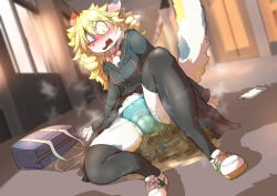 absurd_res accident angry anthro blonde_hair blush bodily_fluids cellphone clothed clothing desperation digital_media_(artwork) drill_curls electronics embarrassed felid feline female fur genital_fluids hair hi_res looking_at_viewer mammal menstrual_pad mttbsmn multicolored_body multicolored_fur omorashi open_mouth peeing peeing_on_self phone rittine_(mttbsmn) school school_bag school_girls school_uniform smartphone underwear uniform urine urine_on_self urine_pool wetting