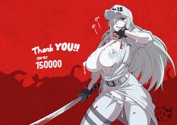 belt black_gloves blood blue_eyes breasts cleavage clenched_teeth colored_skin cum cum_on_body cum_on_breasts female fingerless_gloves gloves hair_over_one_eye hat hataraku_saibou hataraku_saibou_black holding holding_sword holding_weapon katana long_hair looking_at_viewer mikoyan nipples solo sword teeth u-1196 weapon white_skin