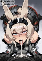 1boy 1girl after_fellatio ai_generated all_fours animal_ears arknights arknights:_endfield avywenna_(arknights:_endfield) bare_shoulders black_gloves blue_eyes blush breasts bulge clothing crossed_bangs cum cum_in_mouth cum_in_nose cum_on_tongue detached_sleeves elbow_gloves erection erection_under_clothes female gloves grey_hair hair_between_eyes hairband hetero jennieart02 kneeling large_breasts looking_at_viewer male open_mouth patreon patreon_logo patreon_username penis pov_crotch rabbit_ears rabbit_tail saliva semen short_hair solo_focus sweat tail teeth tongue tongue_out twitter twitter_username watermark