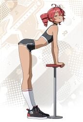 1girls 2025 cute fit fit_male kasane_teto leaning leaning_on_object leaning_on_table long_socks otokakoto red_eyes red_hair shorts simple_background slim_female smiling smiling_at_viewer smug smug_face smug_smile solo sports_bra sports_shorts sports_top sportswear tan_body tan_female tan_lines tan_skin tank_top tetto