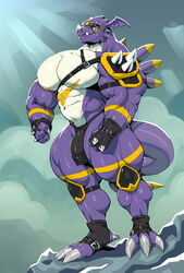 2021 2_fingers 3_toes abs anthro big_muscles big_pecs bottomwear bulge clothing digimon digimon_(species) dragoneer_(character) exveemon fan_character feet fingerless_gloves fingers flaccid genital_outline genitals gloves guilmon handwear hi_res horn hybrid knee_pads loincloth male male_only markings murasadramon muscular muscular_anthro muscular_male navel pecs penis penis_outline scalie shoulder_pads solo spikes standing straps sxfpantera thick_thighs toeless_footwear toes