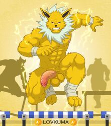 2021 3_toes 5_fingers abs ankle_wraps anthro anthrofied athletic athletic_anthro athletic_male balls claws eeveelution electric electricity electricity_manipulation elemental_manipulation feet felid fingers foreskin fur genitals gradient_background group hair hi_res humanoid_genitalia humanoid_penis hurdle hurdles jolteon jumping leaping lightning lovkuma male mammal multicolored_body multicolored_fur nature neck_tuft nintendo penis pokémon_(species) pokemon pokemon_(species) pokemorph race race_track running silhouette simple_background solo_focus spiky_hair text toes track_and_field tuft two_tone_body two_tone_fur ursid vein veiny_penis video_games wraps wrist_wraps yellow_body yellow_fur