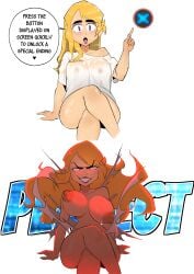 banjabu blonde_hair boobs english_text gameoverse miss_information_(gameoverse) nipples nipples_visible_through_clothing purple_eyes red_eyes seethrough_clothes wet wet_clothes
