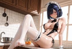 1girl ahoge ai_generated areola_slip arm_support bangs bare_shoulders black_one-piece_swimsuit blue_hair blush breasts cleavage closed_mouth detached_collar feet food fruit gloves hair_over_one_eye indoors kermixx kitchen large_breasts looking_at_viewer maid_headdress navel no_shoes one-piece_swimsuit orange_(fruit) promeia_(zenless_zone_zero) purple_eyes shiny shiny_skin short_hair sitting solo swimsuit thighhighs thighs v-shaped_eyebrows wet white_gloves white_thighhighs window zenless_zone_zero