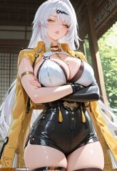 1girl ai_generated anime armlet arms_under_breasts artist_name asymmetrical_gloves black_gloves black_shorts black_thighhighs blush breasts cleavage coat_on_shoulders crossed_arms elbow_gloves fingerless_gloves gloves hair_ornament hi_res high-waist_shorts high_quality high_resolution highres hoyoverse jacket jacket_on_shoulders large_breasts long_hair looking_at_viewer mihoyo mole mole_on_breast parted_lips patreon patreon_logo patreon_url patreon_username shorts single_elbow_glove skindentation solo strunikim thigh_strap thighhighs thighs watermark white_hair yellow_eyes yixuan_(zenless_zone_zero) zenless_zone_zero