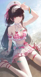 1girls beach black_hair chisa_(wuthering_waves) female long_hair medium_breasts official_alternate_costume pink_swimsuit red_eyes see-through_clothing see-through_swimsuit swimsuit wuthering_waves