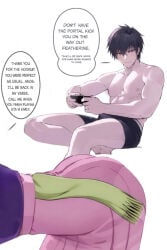abs anos_voldigoad bending bending_forward bending_over black_boxer_briefs black_boxers black_hair black_underwear boner boner_in_underwear crossover crossover_couple crossover_pairing crossover_sex crossover_shipping demon fair_skin fat_ass featherine_augustus_aurora friends_with_benefits gaming green_scarf implied_sex large_ass maou_gakuin_no_futekigousha pink_dress pink_skirt powerscaling scarf smirk smirking the_misfit_of_demon_king_academy umineko_no_naku_koro_ni witch