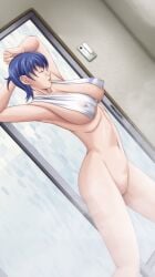 blue_hair breasts closed_eyes discipline:record_of_a_crusade female glossy_lips huge_breasts large_breasts miyagishi_yuuki naked naked_female nipples nipples_visible_through_towel nude nude_female rotated short_blue_hair short_hair towel towel_around_neck towel_over_breasts