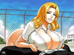 1boy 1boy1girl 1girls alternate_version_available black_clothing bleach blonde_hair bottomless breasts_bigger_than_head breasts_on_lap breasts_squeezed_together cleavage fence grey_eyes holding_own_breasts imminent_titfuck iury_padilha massive_breasts matsumoto_rangiku milf necklace rangiku_matsumoto rooftop shonen_jump white_belt white_shirt