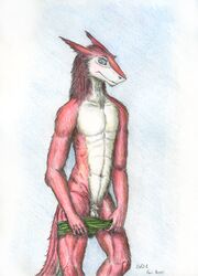 5_fingers abstract_background animal_genitalia anthro balls blue_eyes blush claws clothing colored_pencil_(artwork) fingers flaccid fluffy fully_sheathed fur furry genitals hi_res male mane navel nude penis presenting pulling_down red_body red_fur scalywanderer sergal sheath shy slim solo swimming_trunks swimwear traditional_media_(artwork) undressing white_body white_fur