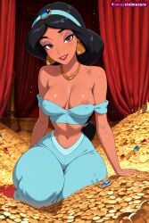 1girl ai_assisted ai_generated aladdin arabian_clothes areola_slip arm_support bare_shoulders black_hair blue_pants blue_shirt blush breasts brown_eyes cleavage coin collarbone covered_nipples crop_top curtains dark-skinned_female dark_skin disney disney_princess earrings eyeshadow gem gold hairband jasmine jewelry lipstick long_hair looking_at_viewer makeup medium_breasts midriff navel necklace nipple_slip nipples off-shoulder_shirt off_shoulder pants parted_lips patreon princess princess_jasmine seductive_smile shirt sitting smile solo stelmazura stomach