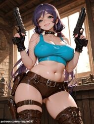 1girl ai_generated arlequin097 ass_visible_through_thighs bare_shoulders belt black_choker black_gloves blue_tank_top blush boots breasts brown_footwear brown_shorts choker cleavage collar collarbone covered_nipples crop_top dual_wielding earrings fingerless_gloves gloves green_eyes grin gun handgun holding holding_gun holding_weapon holster indoors large_breasts lips long_hair looking_at_viewer love_live! love_live!_school_idol_project low_twintails midriff navel purple_hair short_shorts shorts skindentation smile solo spiked_collar spikes stomach tank_top thigh_boots thighhighs thighs toujou_nozomi twintails weapon window