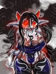 asian_mythology big_breasts big_ears black_hair blush breasts clothing demon ear_piercing ear_ring east_asian_mythology gynomorph hair horn inkdoll intersex japanese_mythology knife legwear looking_at_viewer mythology oni piercing red_eyes ring_piercing smile stockings striped_body stripes yokai