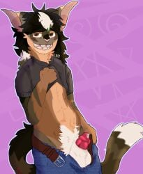 absurd_res animal_genitalia animal_penis anthro belt blush blushed_face bodily_fluids bottomwear canine_genitalia canine_penis clothed clothing denim denim_bottomwear denim_clothing dripping felid feline genital_fluids genitals hair hi_res jeans jeans_around_ankles male mammal nicoysita open_belt pants partially_clothed penis precum precum_drip solo standing