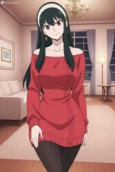 1girl ai_generated bare_shoulders bedroom black_hair black_pantyhose breasts closed_mouth collarbone couch cowboy_shot curtains digitalwaifugallery dress earrings gold_earrings hairband hi_res high_quality high_resolution indoors jewelry lamp large_breasts long_hair long_sleeves looking_at_viewer night off-shoulder_sweater off_shoulder pantyhose patreon red_eyes red_sweater seductive sexy sidelocks smile solo spy_x_family sweater sweater_dress uncensored watermark white_hairband window yor_briar