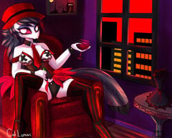 1girls 4_fingers alcohol anthro avian beak beverage bird black_body black_feathers bottle bow_tie breasts cali_pona city clothing demon eyelashes eyeshadow feathers female female_focus female_only fingers furniture hair hat headgear headwear hell helluva_boss leggings legwear makeup nipples octavia_(helluva_boss) owl owl_demon pink_sclera red_body red_feathers smile sofa tape taped_nipples vivienne_medrano white_body white_eyes wine wine_glass young younger_female