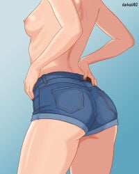 ass ass_focus back_view blue_jean_shorts boobs breasts darkusv02 erect_nipples hands_on_hips hot jean_shorts medium_breasts nipples no_panties original original_character