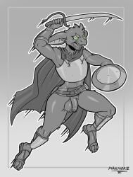 5_fingers absurd_res angry anthro armor balls bat bat_ears cape clothing cuirass desert_long-eared_bat digital_media_(artwork) fingers flaccid footwear fur gauntlets genitals gloves green_eyes handwear hi_res holding_melee_weapon holding_object holding_shield holding_sword holding_weapon humanoid_genitalia humanoid_penis jumping lean_body legwear male male_anthro mammal maxner12 melee_weapon nude nude_anthro nude_male open_mouth penis sandals shield shoes simple_background solo sword teeth turo_of_akesh unconvincing_armor vambrace weapon wingless_bat