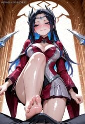 1boy 1girl ai_generated bangs barefoot black_hair blue_eyes blue_hair blush breasts bulge cleavage cleavage_cutout closed_mouth clothing_cutout colored_inner_hair dress erection erection_under_clothes feet foot_focus from_below hair_ornament hetero indoors irelia_xan large_breasts league_of_legends long_hair long_sleeves looking_at_viewer looking_down pov renalia shiny shiny_skin smile soles solo_focus sweat toes