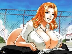 1boy 1boy1girl 1girls alternate_version_available black_clothing bleach bottomless breasts_bigger_than_head breasts_on_lap breasts_squeezed_together cleavage fence grey_eyes holding_own_breasts imminent_titfuck iury_padilha massive_breasts matsumoto_rangiku milf necklace rangiku_matsumoto red_hair rooftop shonen_jump white_belt white_shirt