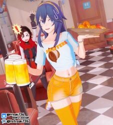 >_< 2girls 3d :d alcohol alternate_costume arm_up artist_name bare_arms bare_midriff bare_thighs beer beer_mug black_hair blue_eyes blue_hair bracelet brand_of_the_exalt breasts closed_eyes collarbone comedic_sweatdrop door eastern_and_western_character fefreak726 female female_only fingerless_gloves fire_emblem fire_emblem_awakening food gloves hand_up hooters indoors leg_up long_hair long_sleeves lucina_(fire_emblem) midriff multicolored_hair multiple_girls nervous nervous_smile nintendo open_mouth orange_shorts orange_thighhighs red_hair restroom_symbol ruby_rose rwby shirt short_hair shorts small_breasts smile solo_focus sound_effects standing symbol-shaped_pupils thighhighs thighs tiara waitress walking waving white_shirt xd