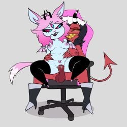 1:1 3_eyes absurd_res balls bodily_fluids boots boots_only breasts clothing darkened_genitalia demon duo emberlynn_pinkle fan_character fangs female female_penetrated footwear footwear_only from_behind_position gaming_chair genital_fluids genitals gynomorph gynomorph/female gynomorph_penetrating gynomorph_penetrating_female hellaverse helluva_boss hexecat hi_res horn humanoid imp intersex intersex/female intersex_penetrating intersex_penetrating_female legwear mostly_nude multi_eye nipples nude penetration penile penile_penetration penis penis_in_vagina pubes red_balls red_breasts red_penis sex shoes sinner_demon tail teeth thigh_highs trans_(lore) trans_woman_(lore) vaginal vaginal_fluids vaginal_penetration wings zel_(imp)