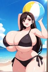ai_generated beach beach_ball bikini brown_hair female final_fantasy final_fantasy_vii huge_breasts long_hair tifa_lockhart