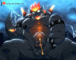 1boy 5:4 abs absurd_res anthro bara biceps black_body bna_v5 bodily_fluids bowser bowser's_fury bracelet collar cum fire flaming_hair fury_bowser genital_fluids genitals hi_res jewelry koopa lava lava_cum male male_only mammal mario_(series) muscular muscular_anthro muscular_male nintendo nipples pecs penis pseudo_hair raining scalie solo spiked_bracelet spiked_collar spiked_tail spikes spikes_(anatomy) super_mario_3d_world thunderstorm tongue tongue_out unusual_cum video_games