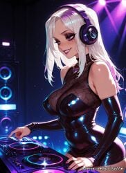 1girl 2026 ai_generated anime bare_shoulders black_dress boobs breasts cleavage covered_nipples crossover dbd dead_by_daylight detached_sleeves dress eyeshadow female female_focus headphones highres huge_breasts large_breasts latex lipstick long_hair makeup mole mole_under_eye nail_polish nsfw patreon patreon_username purple_eyes purple_lips purple_nails rognezart sable_ward shiny shiny_clothes smile smiling solo very_long_hair white_hair