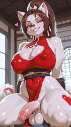 1boy 1girl ai_generated animal_ears animal_nose bare_shoulders breasts brown_eyes brown_hair cleavage cleavage_cutout clothing_cutout covered_navel covered_nipples decurse dress erection furry furry_female furry_male furry_with_non-furry futa_with_male futanari grin heart indoors large_breasts long_hair looking_at_viewer mai_shiranui makeup one_eye_closed pelvic_curtain penis ponytail pov red_dress sash shiny shiny_skin sleeveless smile solo_focus tail teeth testicles thick_thighs thighs uncensored veins veiny_penis window