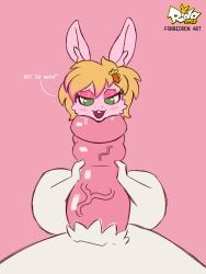 3:4 ahegao anthro blonde_hair cock_vore duo evil_rida female fur genitals green_eyes hair hi_res lagomorph leporid looking_pleasured male male_pred mammal milky_rivas moan penile penis pink_body rabbit soft_vore vore white_body white_fur