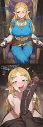 1boy 1girls ai_generated big_breasts big_penis blonde_hair dark-skinned_male green_eyes huge_cock large_penis nude nude_female nude_male princess_zelda slapping_with_penis the_legend_of_zelda tongue_out veiny_penis
