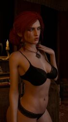 1girls 3d ass bra breasts cd_projekt_red earrings female fomos freckles freckles_on_breasts freckles_on_face light-skinned_female light_skin lingerie mascara necklace panties red_hair solo solo_female the_witcher_(series) the_witcher_3:_wild_hunt triss_merigold wet_body