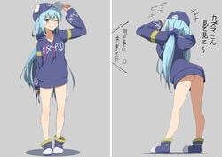 1girls ;d alternate_costume aqua_(konosuba) arms_up ass bare_legs baseball_cap blue_eyes blue_hair bottomless casual collarbone full_body grey_background grin hoodie kono_subarashii_sekai_ni_shukufuku_wo! multiple_views no_pants one_eye_closed open_mouth salpin smile standing streetwear tagme teeth twintails