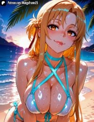 1girl 1girls 2d ai_generated asuna_(sao) asuna_yuuki bangs bare_shoulders beach big_breasts bikini blue_bikini blush braid breasts brown_eyes brown_hair cleavage cloud collarbone female female_focus female_only hair_ribbon halterneck large_breasts lips long_hair looking_at_viewer mangaframe ocean orange_eyes orange_hair outdoors palm_tree ribbon side-tie_bikini_bottom sky smile solo solo_female solo_focus sunset swimsuit sword_art_online sword_art_online:_alicization tits tree uncensored water wet white_bikini yuuki_asuna