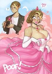1boy ? ?!! armwear big_breasts blonde_highlights blush brown_hair commission crossdressing crown dress earrings elegant_dress fake_breasts femboy feminine_male feminization girly green_eyes highlights_(coloring) hoop_earrings loggus_doggus male male_only necklace pink_lipstick shocked shocked_expression solo spoken_question_mark transformation very_high_resolution white_armwear