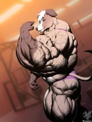bicep_curl biceps blep canine dog flexing_bicep hyper_muscles jugg4 looking_at_viewer massive_muscles muscular thong veiny_muscles